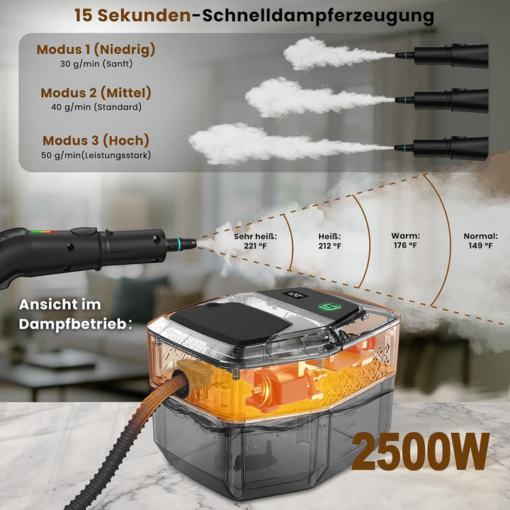 14 in 1 Dampfreiniger, 3 Stufig Einstellbarer Griff, Temperaturanzeige, 15 Sekunden Aufheizzeit, 1,8