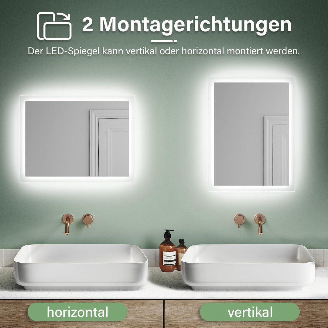 Badspiegel mit Beleuchtung 60 x 50cm WandSchalter Lichtspiegel Horizontale und vertikale Aufhängung