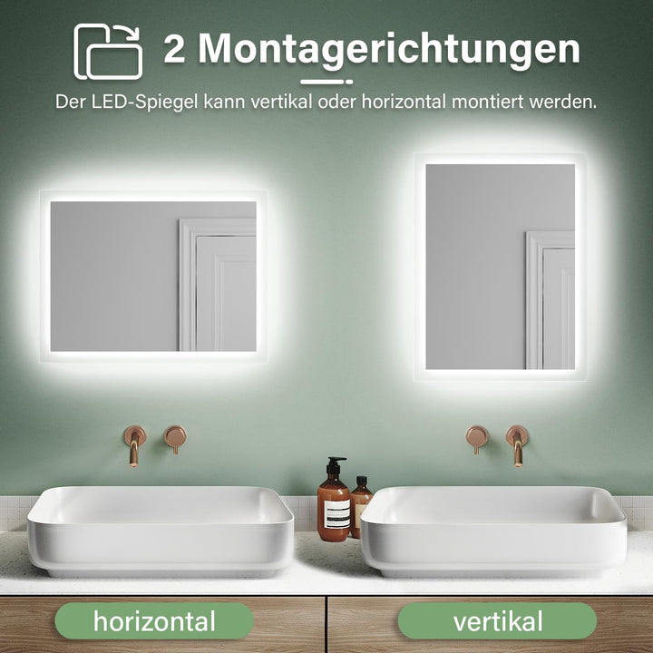 Badspiegel mit Beleuchtung 60 x 50cm WandSchalter Lichtspiegel Horizontale und vertikale Aufhängung