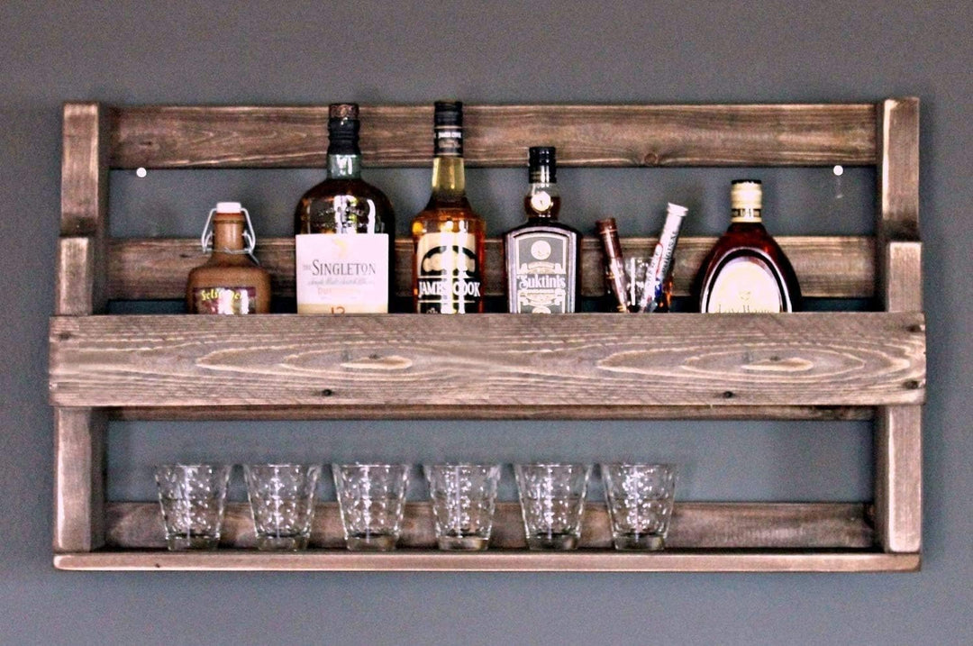 Dekorie Whisky Regal aus Holz - mit Gläserhalter - Braun - Industrie Stil - fertig montiert - Wandba
