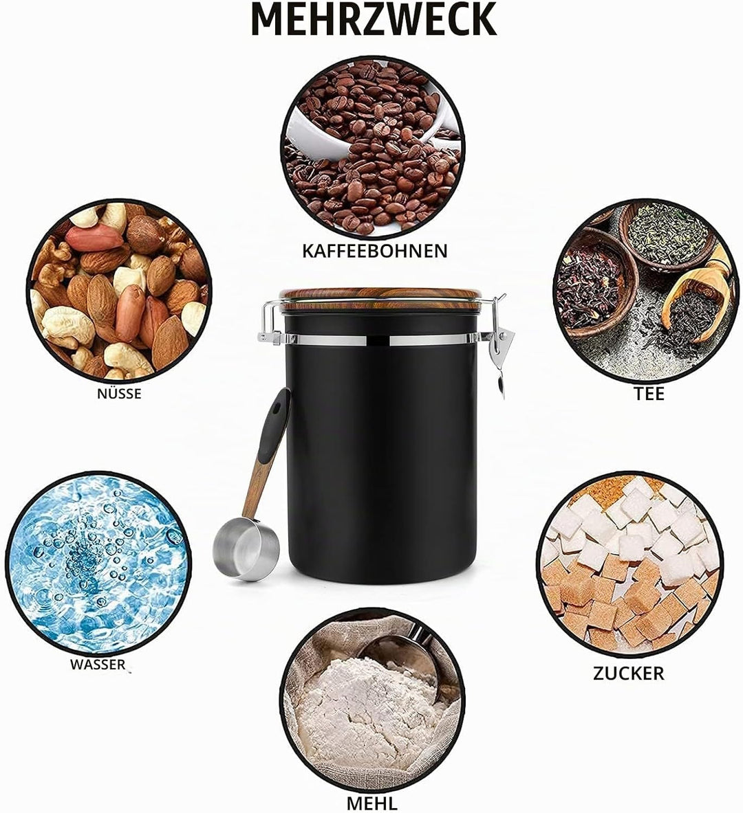 Dreamhigh® Kaffeedose Luftdicht 1kg Bohnen - Kaffeebehälter aus Edelstahl mit Messlöffel, Deckel aus