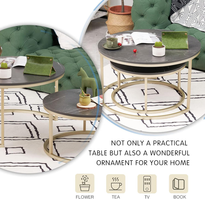 Soayone Couchtisch Rund 2er Set, Schwarz Marmor Couchtisch mit Gold Metallgestell, Beistelltisch Run