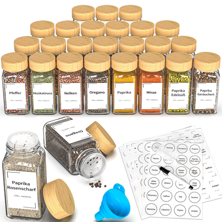 DIFULI 24 Gewürzgläser Eckig Set mit Bambus Deckel, 120ml Gewürzdosen mit 144 Etiketten, Gewürzstreu