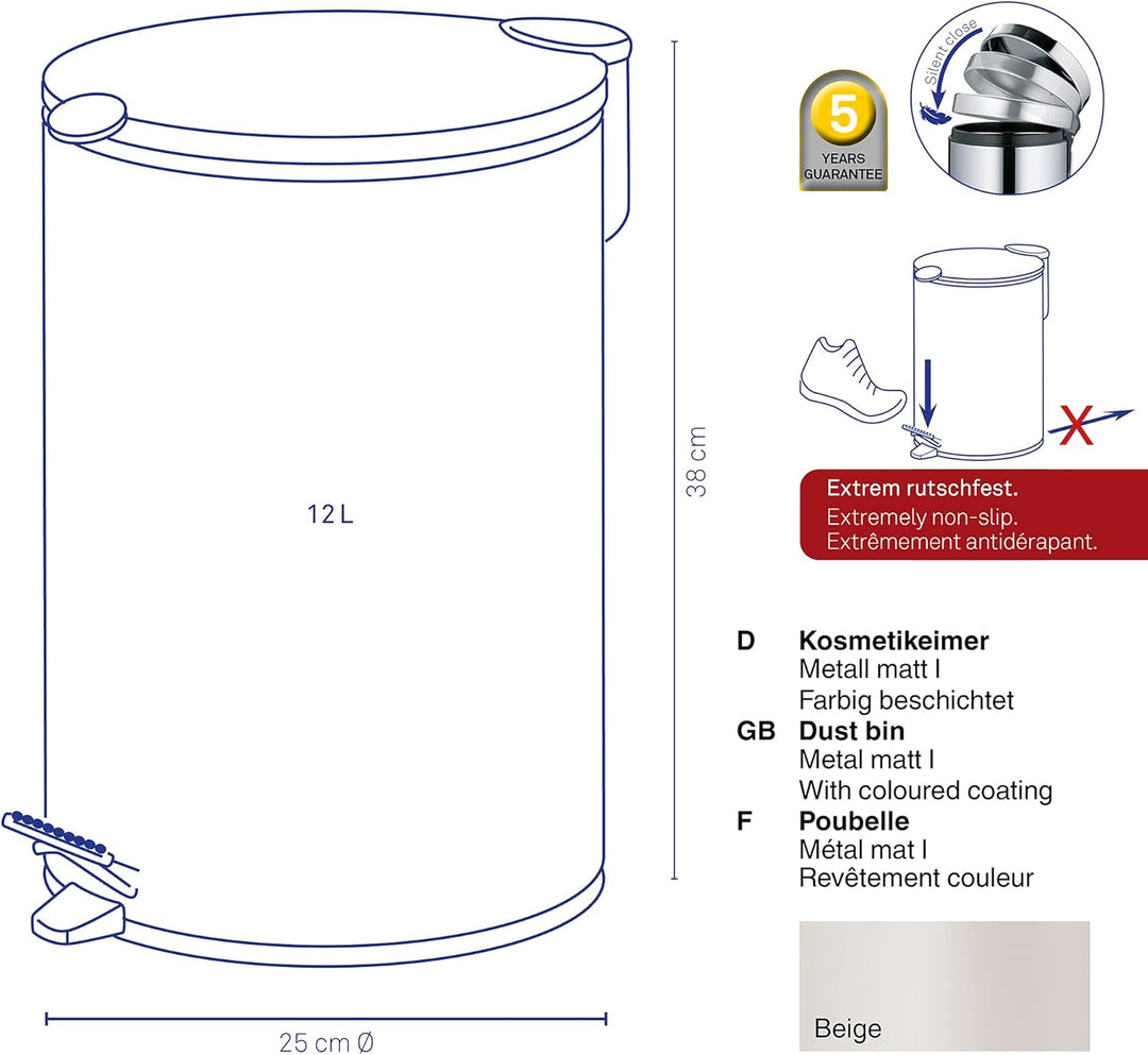 kela 10644 Treteimer mit Inneneimer 12 l, Geräuschloses Schliessen, Metall, Mats, Beige 12 l Beige,