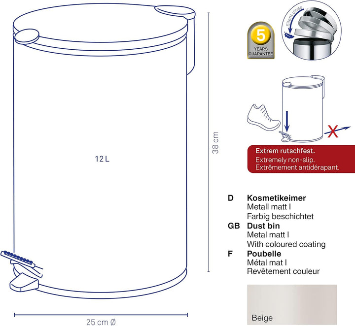 kela 10644 Treteimer mit Inneneimer 12 l, Geräuschloses Schliessen, Metall, Mats, Beige 12 l Beige,