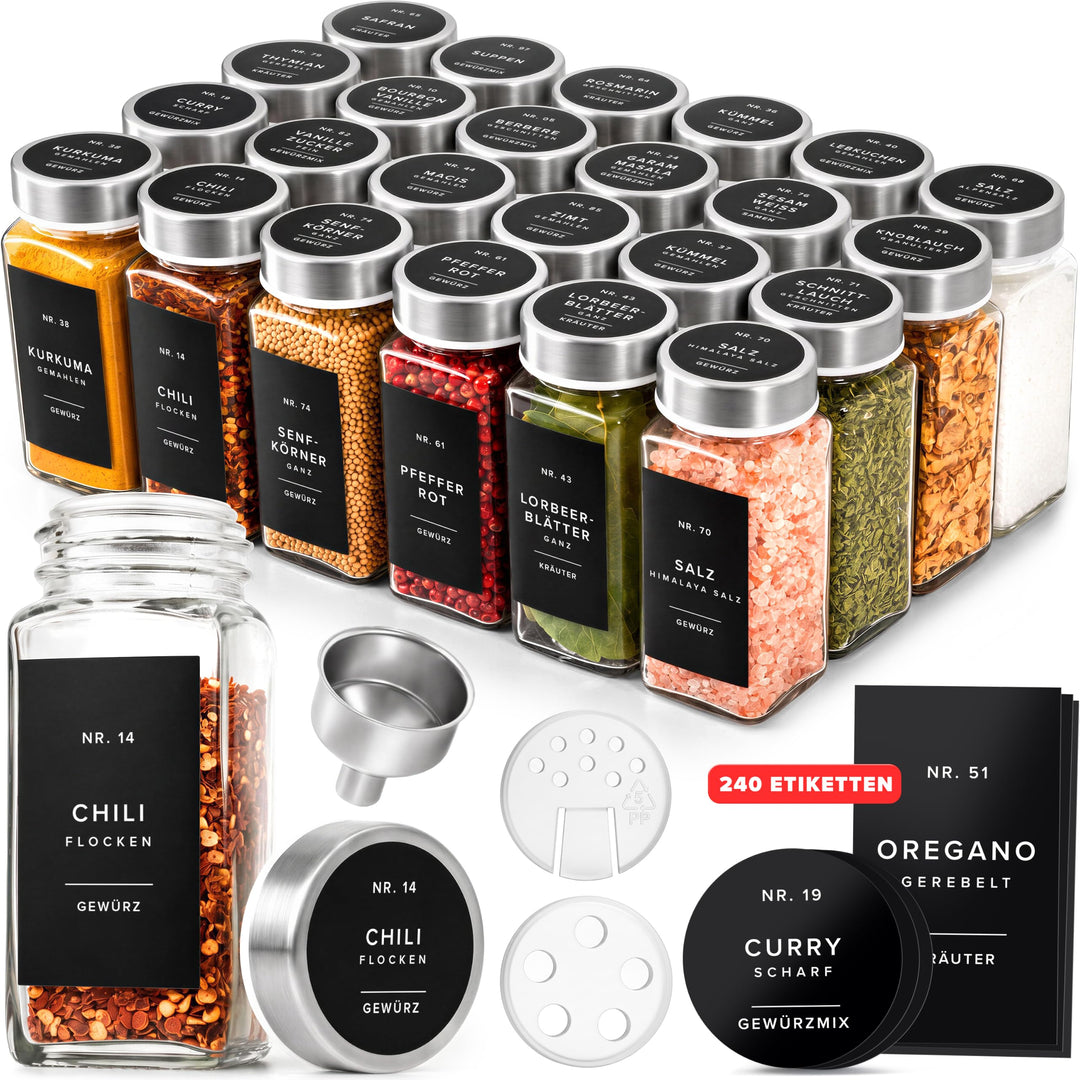 EDELHAUS® Gewürzgläser Set (24 Stück) mit 240 Aufklebern, Marker und Trichter - Hochwertige Glasbehä