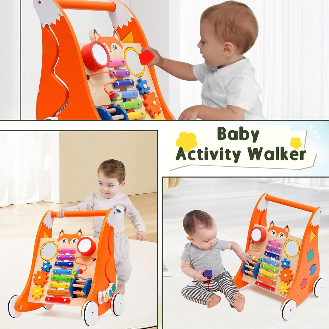 Lauflernwagen Holz für Kleinkinder, Multifunktionale Lauflernhilfe mit Spielbrett und Musik, Laufler