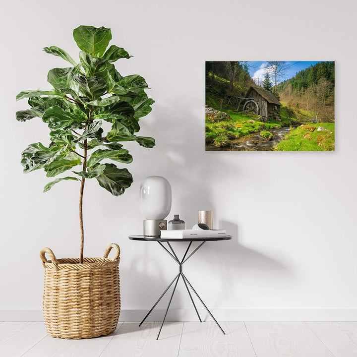 Feeby Wanddeko Bach Leinwandbild Kunstdruck Hütte Grün 90x60 cm