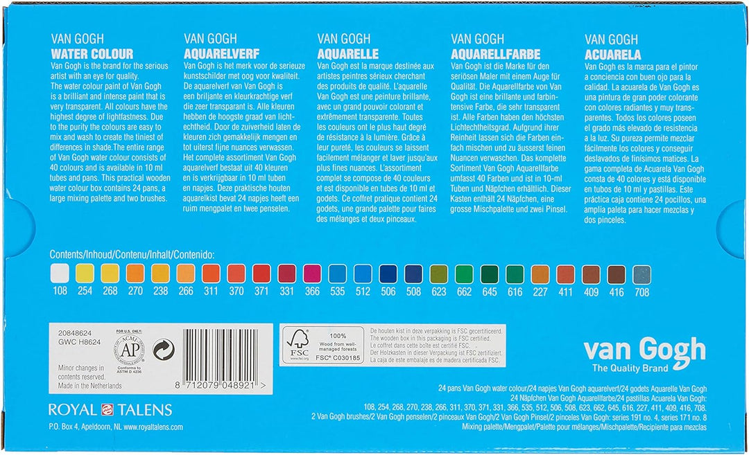 24 Näpfchen Feine Van Gogh Künstler Aquarellfarben im Holz-Aquarellkasten incl. Pinsel und Mischpale
