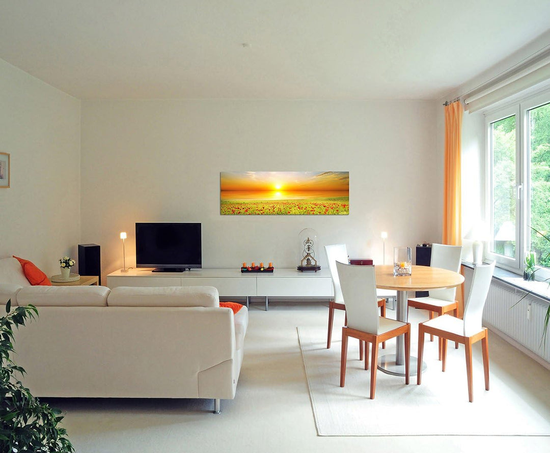 Paul Sinus Art Panoramabild auf Leinwand und Keilrahmen 150x50cm Mohnblumen Feld Frühling Sonnenunte