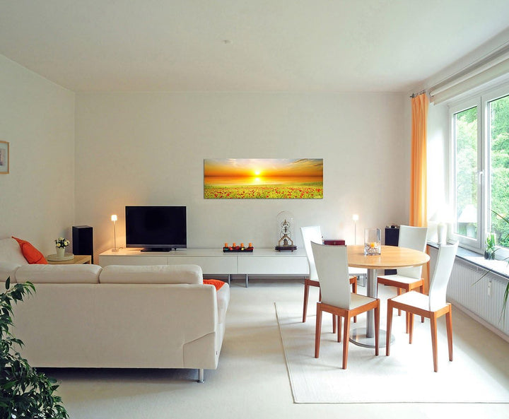 Paul Sinus Art Panoramabild auf Leinwand und Keilrahmen 150x50cm Mohnblumen Feld Frühling Sonnenunte