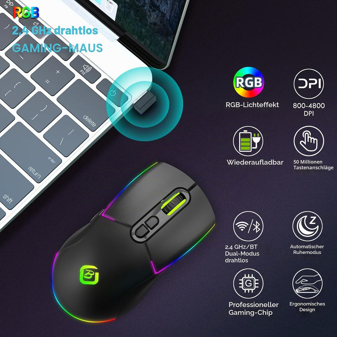 Kabellose Gaming Maus, Dual Mode 2.4GHz/Bluetooth 5.1 Maus Gaming, RGB LED Hintergrundbeleuchtung, E