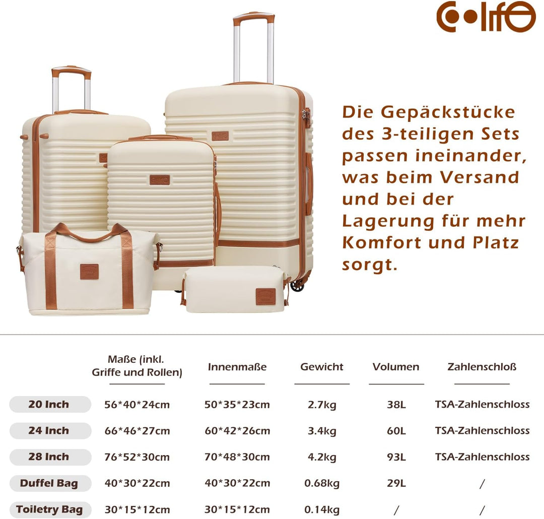 COOLIFE Koffer Set 3tlg, 24" Koffer Mittelgross mit Reisetasche&amp;Kulturbeutel | Reisekoffer Set für M
