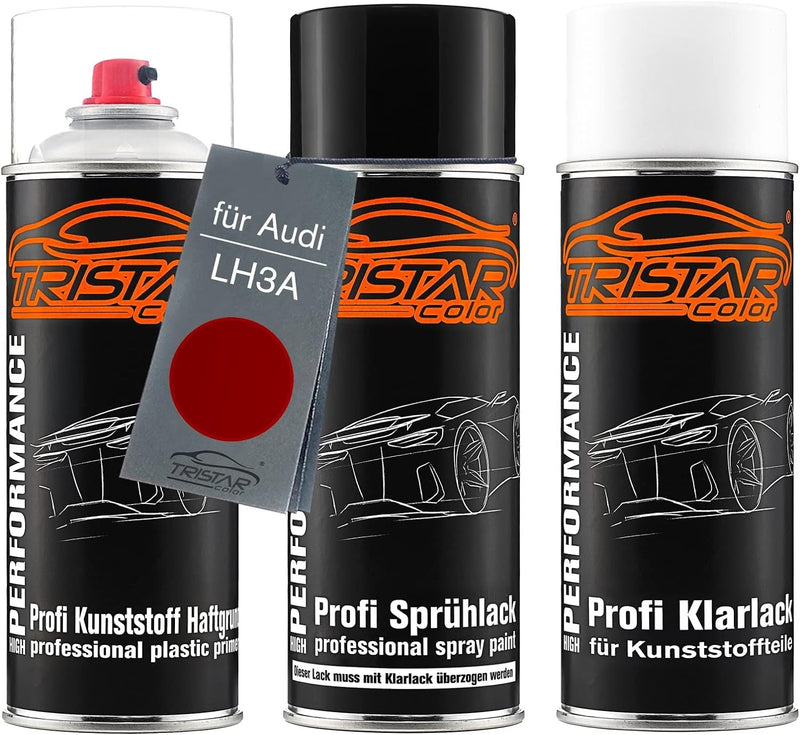 Autolack Spraydosen Set für Kunststoff Stossstange für Audi LH3A Fuschrot Haftgrund Basislack Klarla