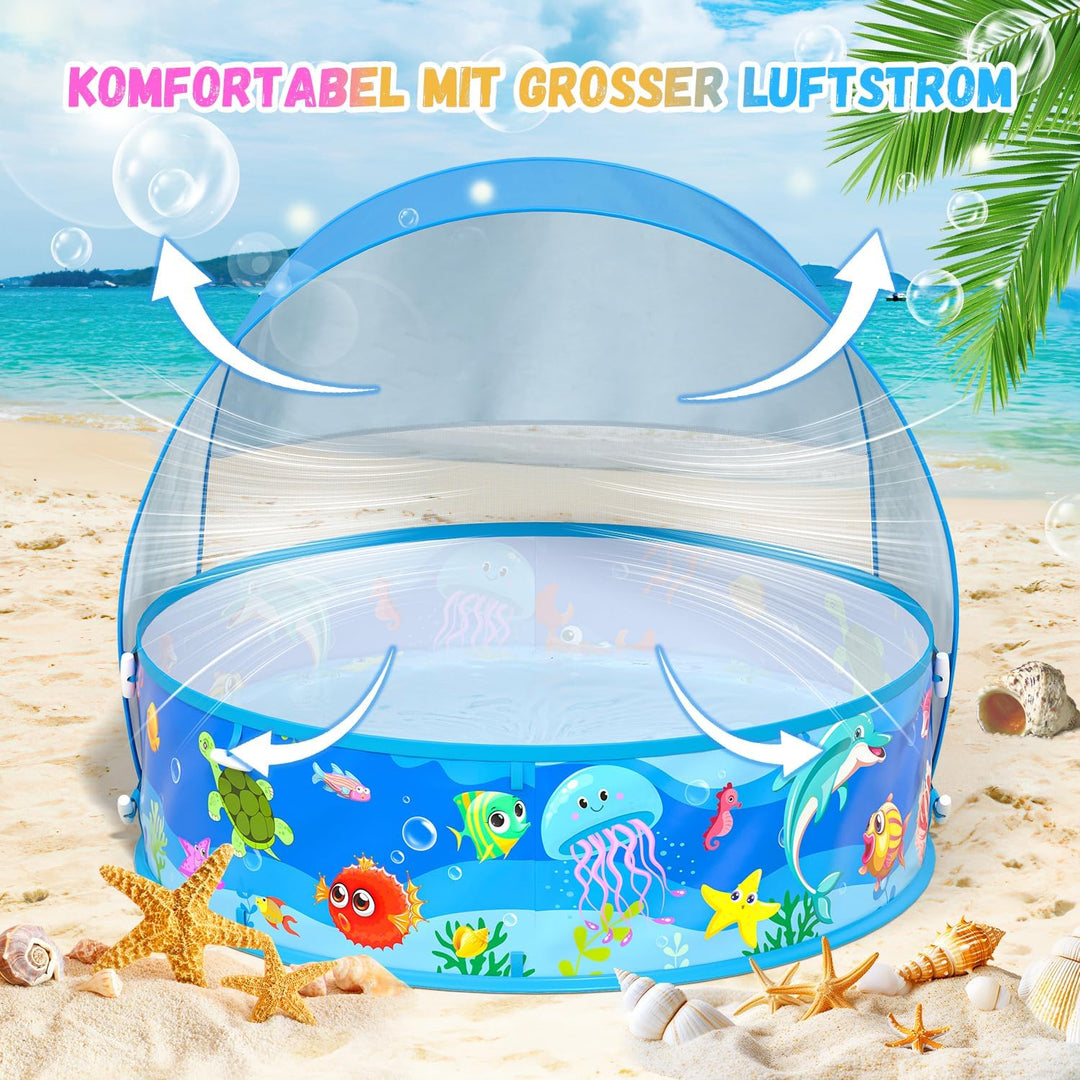 Baby Planschbecken mit Dach, Pop-Up Strandmuschel Baby UV Schutz 50+ mit Aufbewahrungstasche, 4 in 1