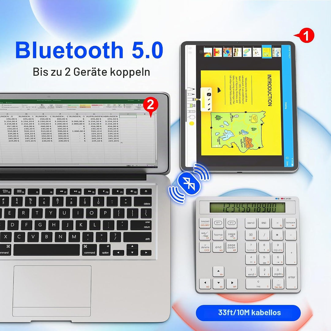 2-in-1 Ziffernblock Bluetooth- 34 Tasten Nummernblöcke mit Taschenrechner für PC/Laptop/Handy/iPhone