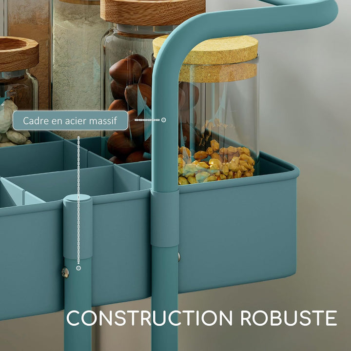 HOMCOM 3-stöckiger Rollwagen 42x38x86,5 cm Blau-Grün | Regalboden, 4 Haken, 3 abnehmbare Hängekörbe,