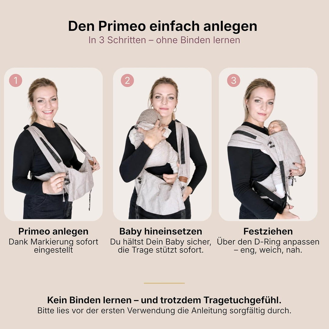 Hoppediz Primeo Babytrage für Neugeborene – Ergonomische Babytrage aus 100% kbA Baumwolle – Bauchtra
