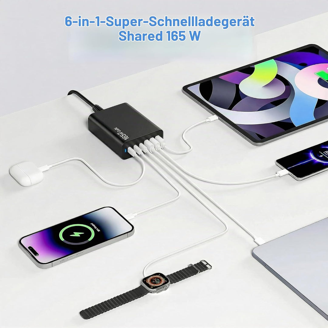 6 Ports Ladestation Schnellladegerät, 165W USB C Schnelllade Netzteil, PD Power GaN Ladegerät kompat