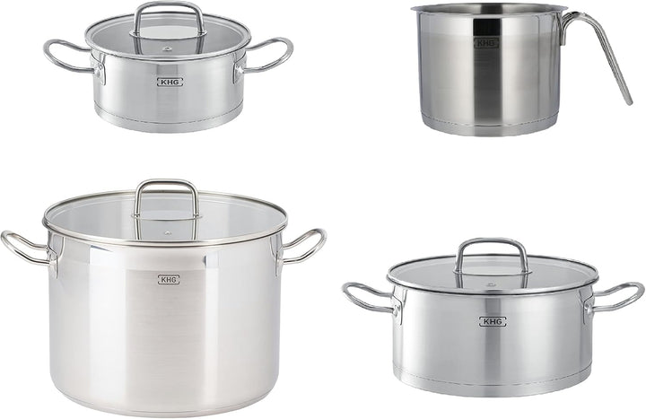 KHG Topfset 5-teilig Induktion, Edelstahl unbeschichtet inkl. Glasdeckel | Topf, Kochtopf, Milchtopf