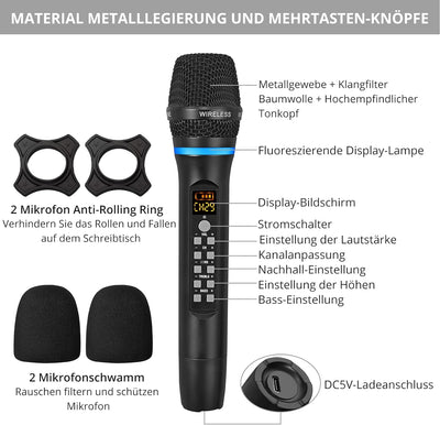 PROZOR Dual Drahtloses Mikrofon Abstimmbares UHF mit Bluetooth Wiederaufladbares Mikrofon Kabelloses