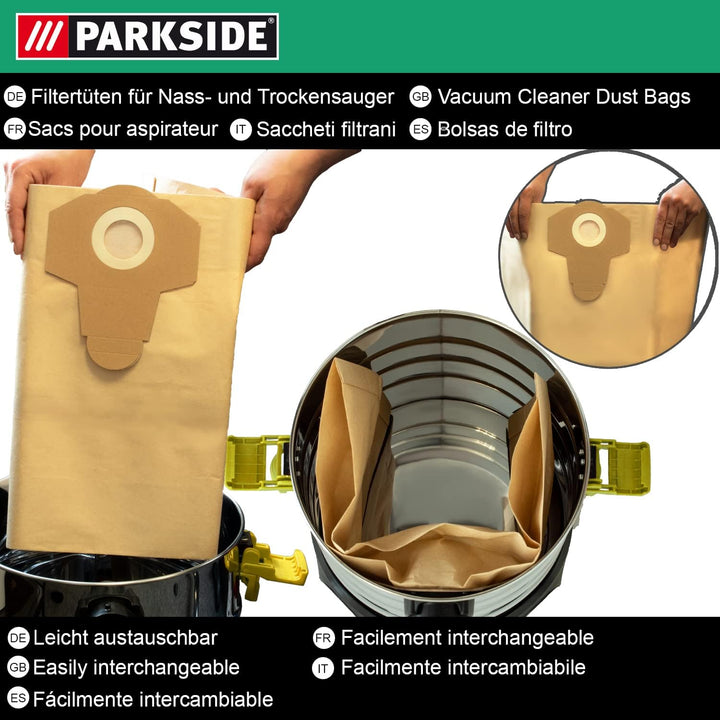 5 Original Parkside Lidl Staubsaugerbeutel für Nass-Trocken-Sauger PNTS 1250, 1250/9, PNTS 1300 A1,