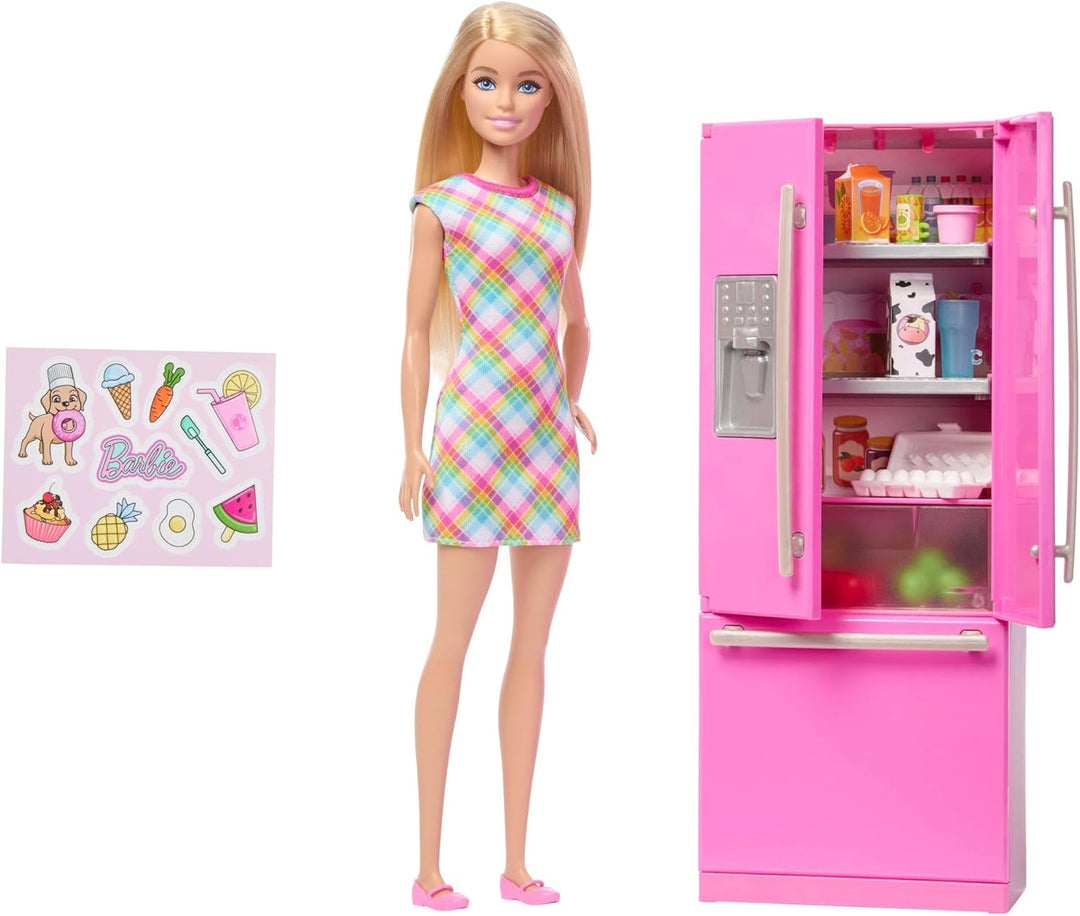 Barbie-Puppe und Küche Spielset mit Kühlschrank und 10 Zubehörteilen, darunter Essen und Aufkleberbo