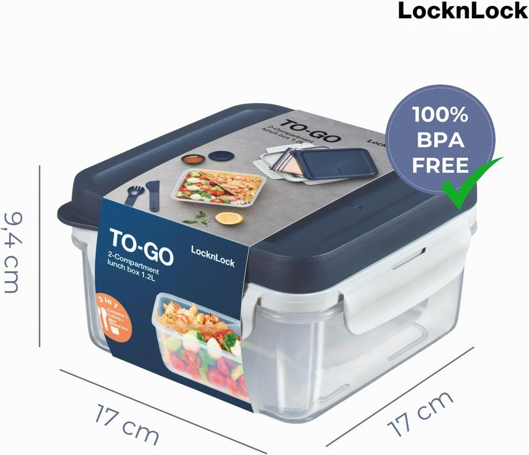 LocknLock TO GO Lunchbox mit Fächern 1,2L, Bento Box Erwachsene mit Sandwicheinsatz, Toppingtray, Me