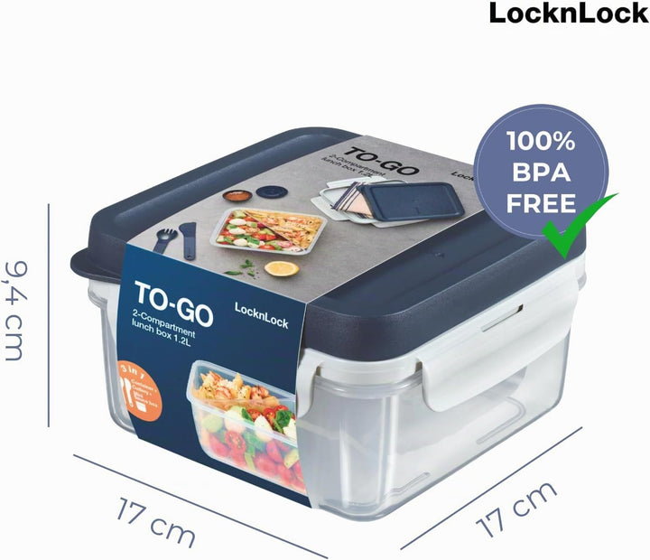 LocknLock TO GO Lunchbox mit Fächern 1,2L, Bento Box Erwachsene mit Sandwicheinsatz, Toppingtray, Me