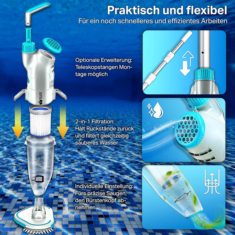 tillvex Poolsauger mit Akku | Pool Bodensauger Teleskopstange elektrisch | Poolreiniger mit Filter &