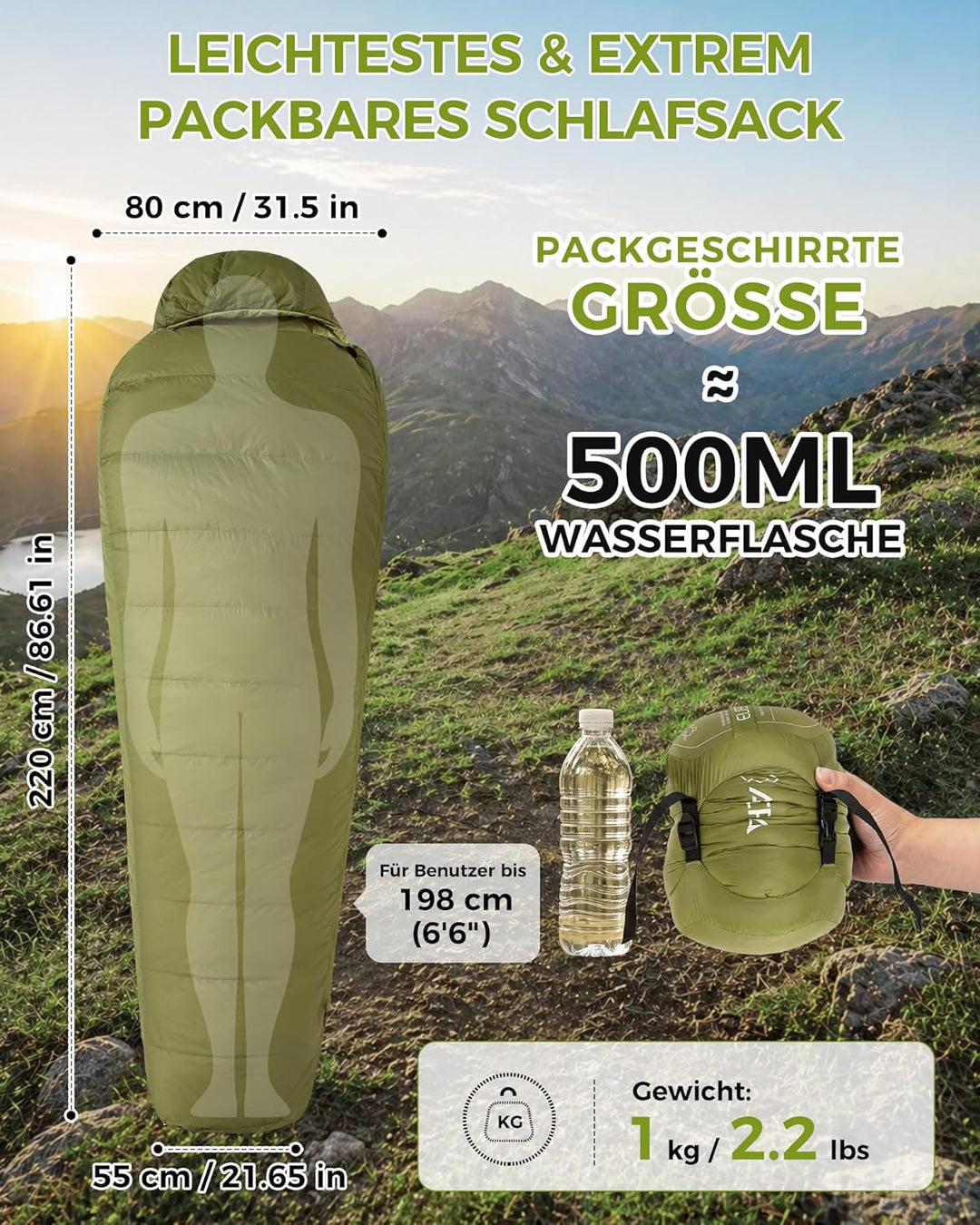 ATEPA 700FP Daunenschlafsack für Erwachsene, Ultraleichter 0 Grad Mumienschlafsack mit RDS Daunen &
