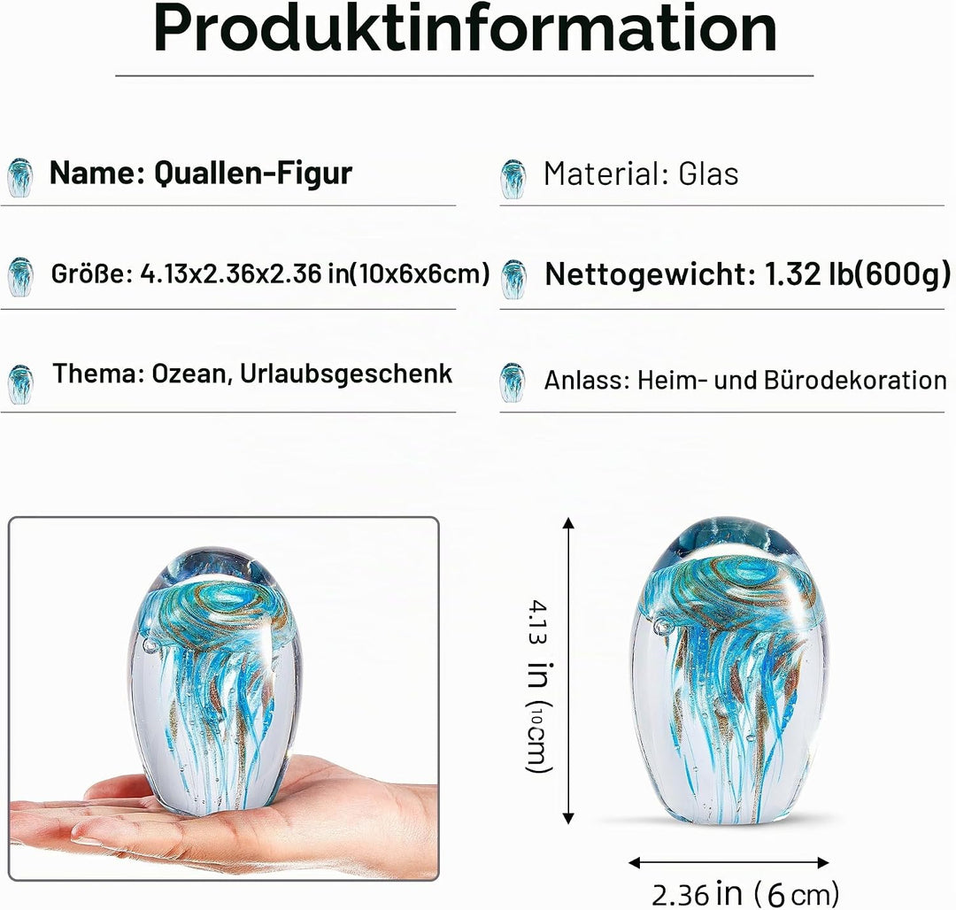 EUSTUMA Mundgeblasene Glas-Quallen-Figur, schönes Meerestier-Ornament für Aquarien oder Schreibtisch