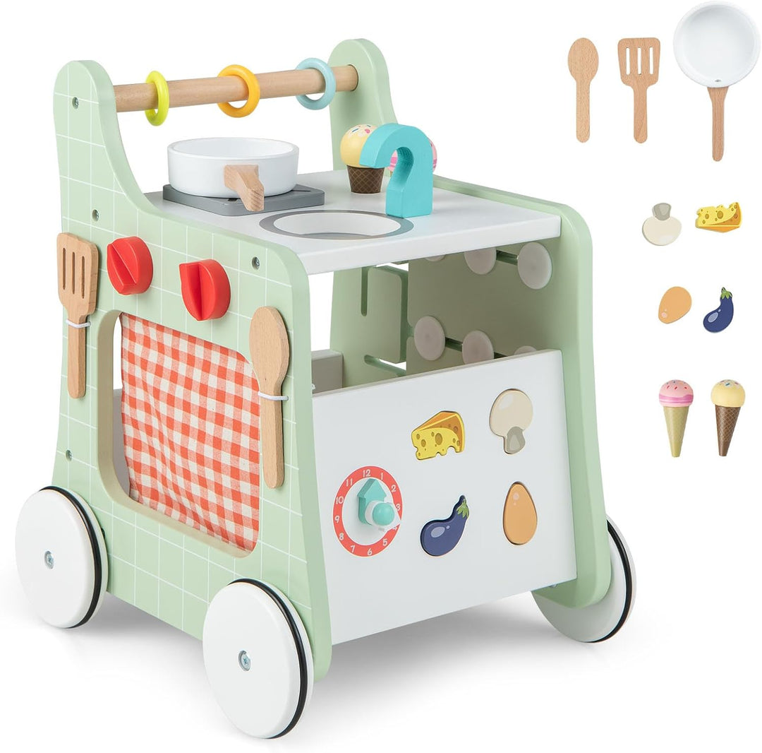 DREAMADE Lauflernwagen Holz, 6-in-1 hölzerne Lauflernhilfe, Baby Walker mit Blöcken & 9 Teilen Zubeh