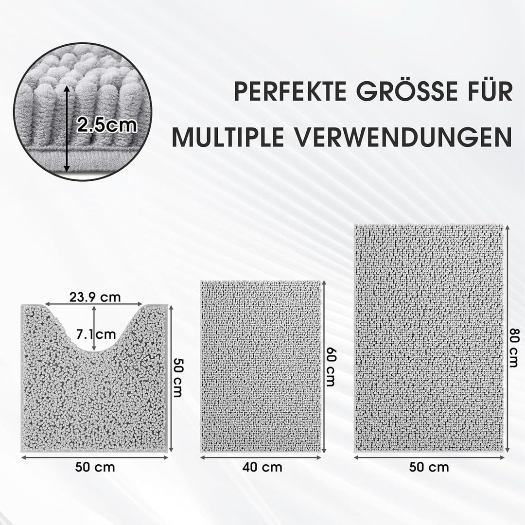 Badematte Set 3 teilig Light Grey, rutschfeste Chenille Badteppiche, Waschbar & Minimalistisch Badvo