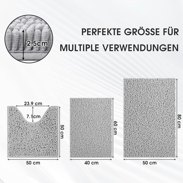 Badematte Set 3 teilig Light Grey, rutschfeste Chenille Badteppiche, Waschbar & Minimalistisch Badvo