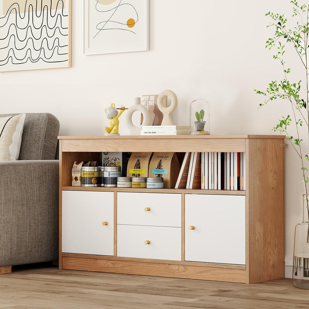COSTWAY Spielzeugschrank Kinder, Kinderregal aus Holz, Kinderschrank mit 2 Schubladen & 2 Türen, Spi