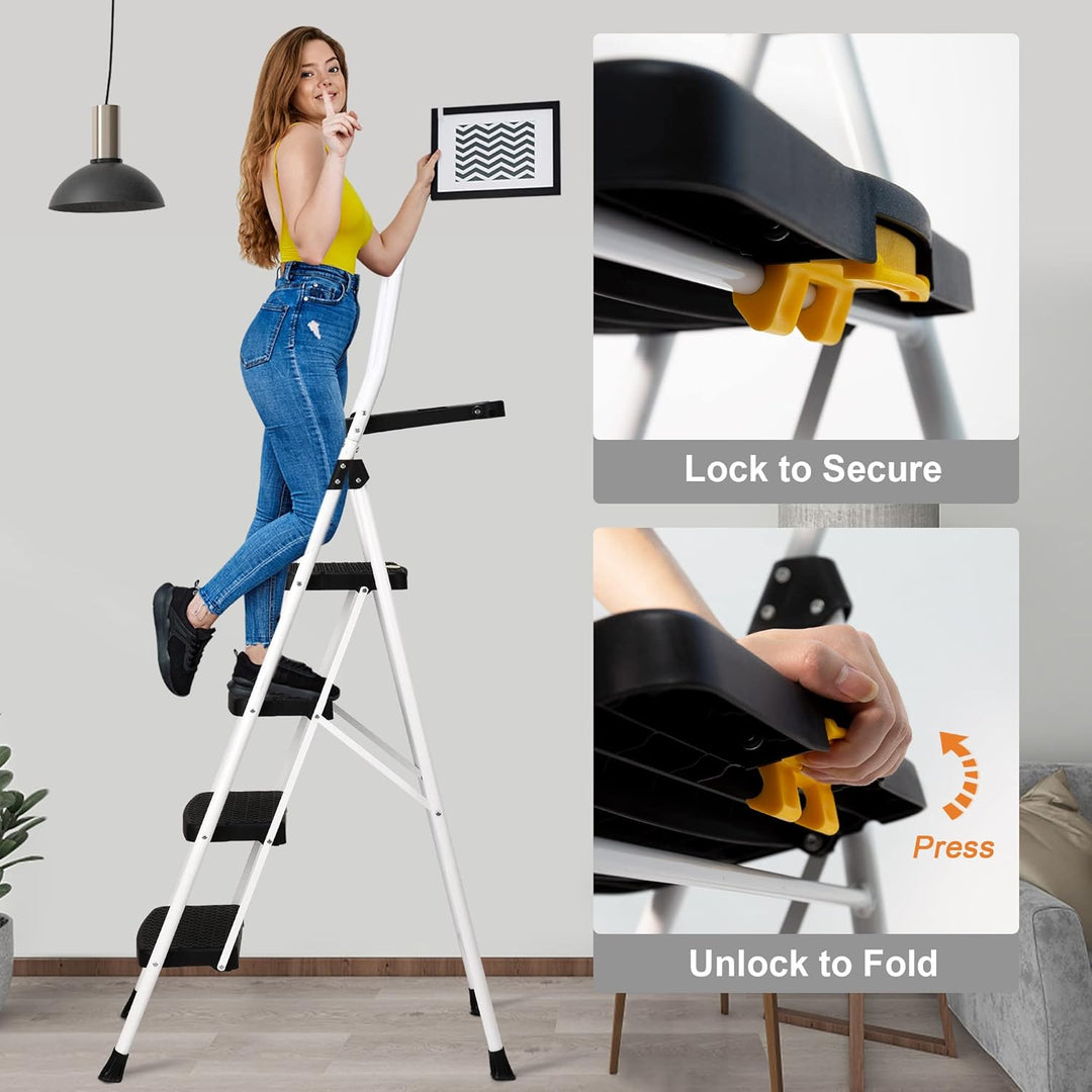 HBTower 4-Stufen-Leiter, Klappbarer Tritthocker mit Breitem Anti-Rutsch-Pedal, Stabiler Praktischer