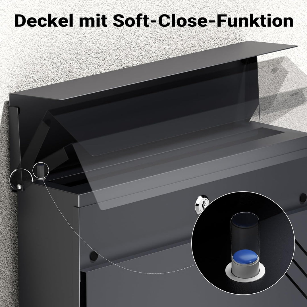 Wiltec Briefkasten Anthrazit V63 aus Stahl 37 x 11 x 37 cm, Wandbriefkasten mit Zeitungsfach und Sch