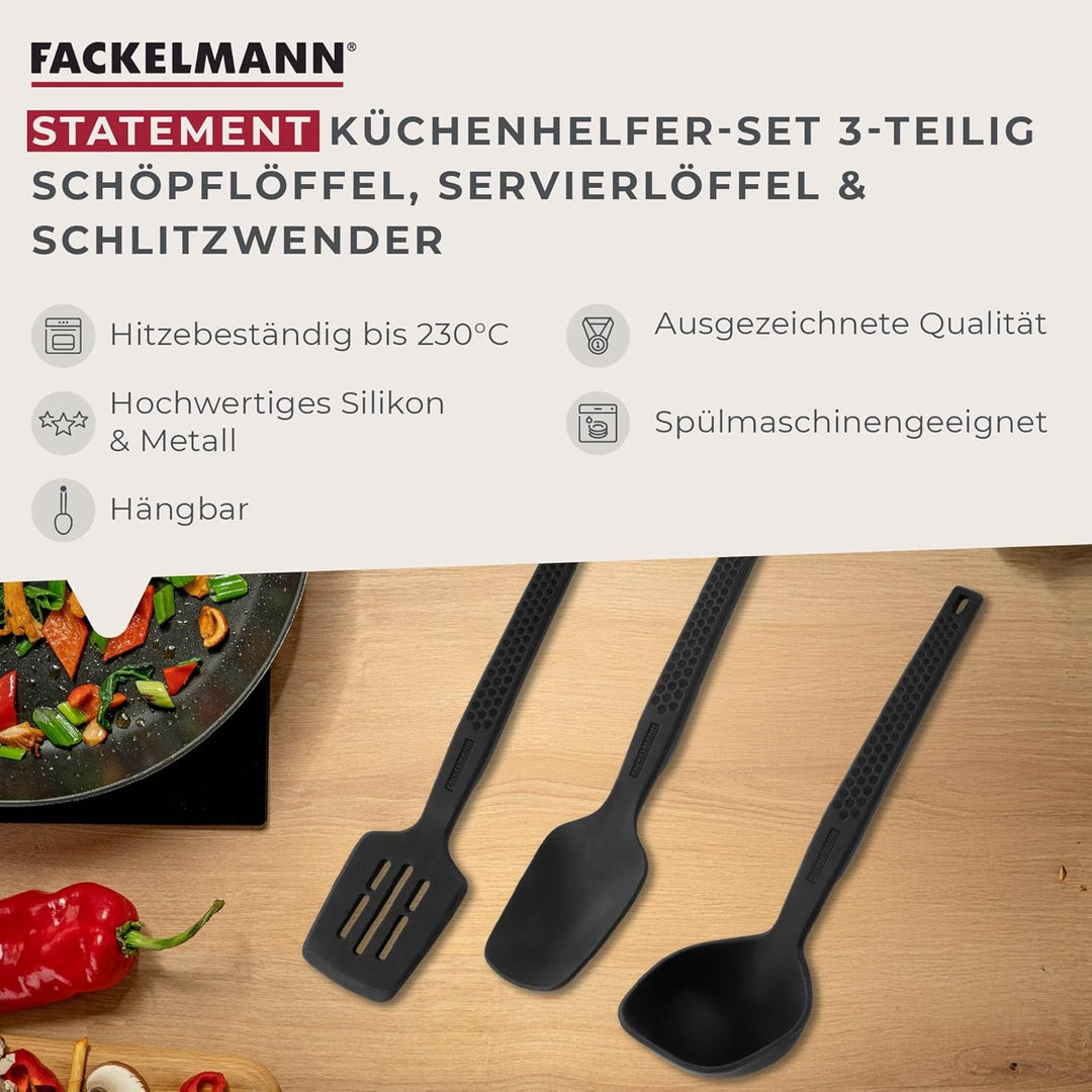 FACKELMANN Statement Silikon Küchenhelfer-Set 3er Pack – Schlitzwender, Servierlöffel & Schöpflöffel