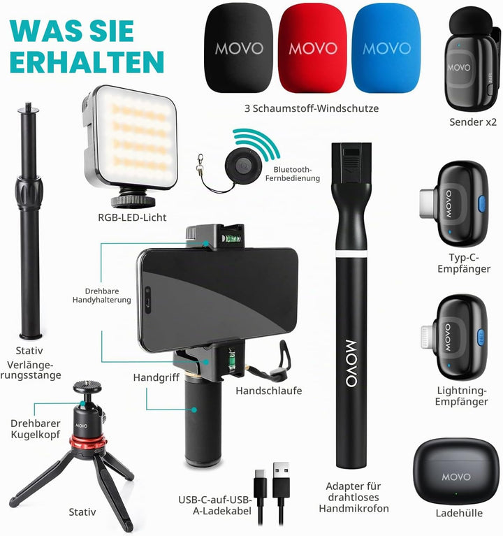 Movo iVlogger-PRO Kabelloses Vlogging-Kit für iPhone/Android – YouTube-Starter-Kit für Content-Creat