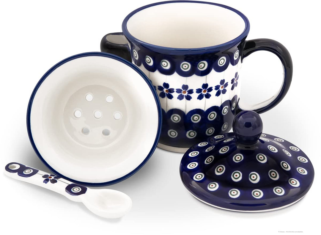 Original Bunzlauer Keramik Teetasse mit Teesieb, Deckel und Löffel im Dekor 166a