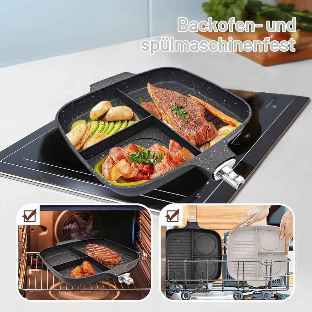 Bobikuke Multi Grillpfanne Induktion mit Abnehmbarer Griff, Steakpfanne 3 in 1 Antihaft Beschichtung