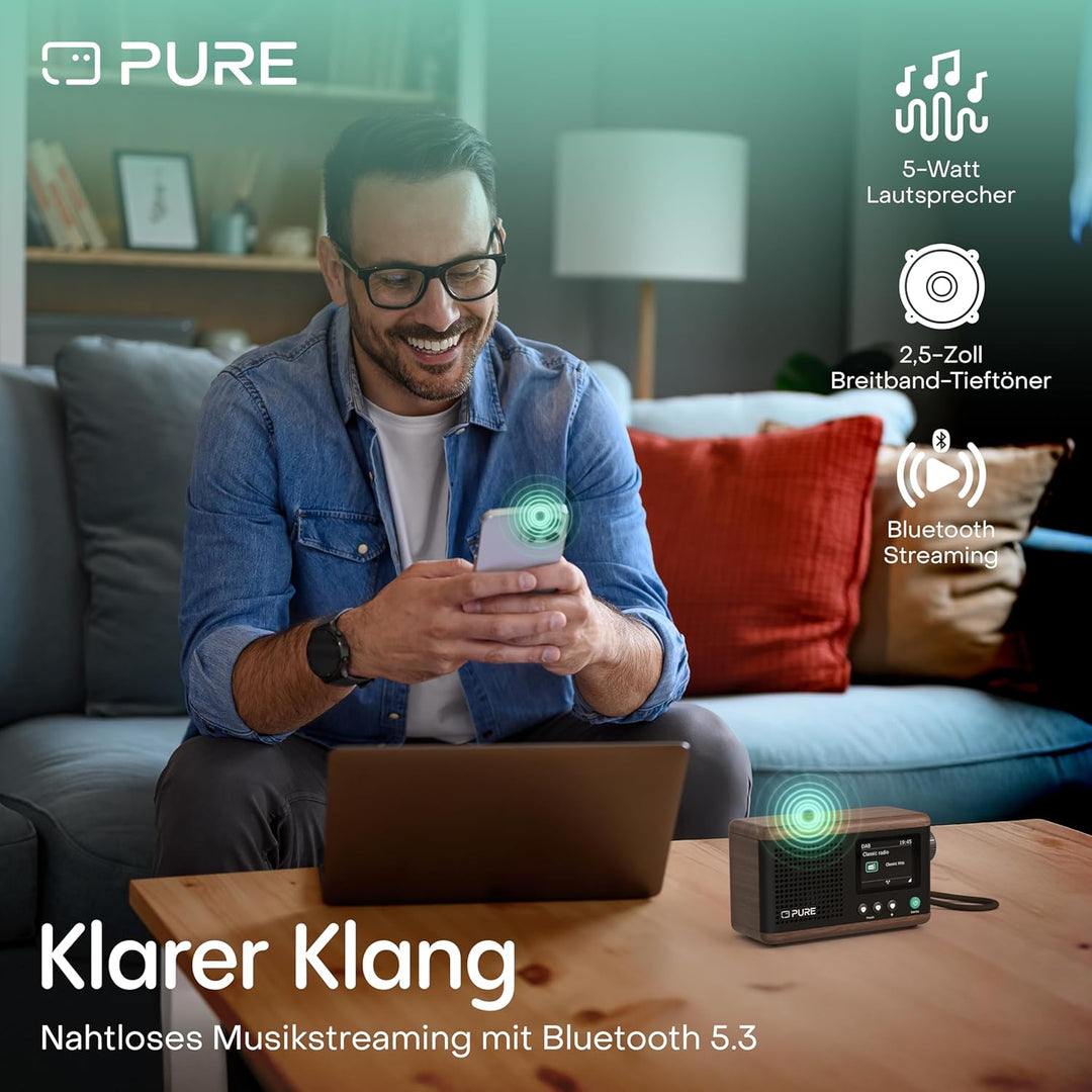 Pure Classic Mini Tragbares Digitalradio – DAB+ & UKW-Radio – Bluetooth 5.3 – 15 Stunden Akkulaufzei