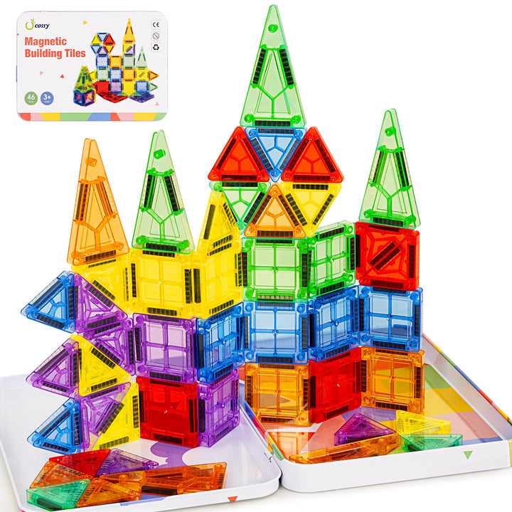 cossy Mini Magnetische Bausteine, 46 pcs Magnetbausteine Reiseset, Reisespielzeug mit Metallbox, Mag