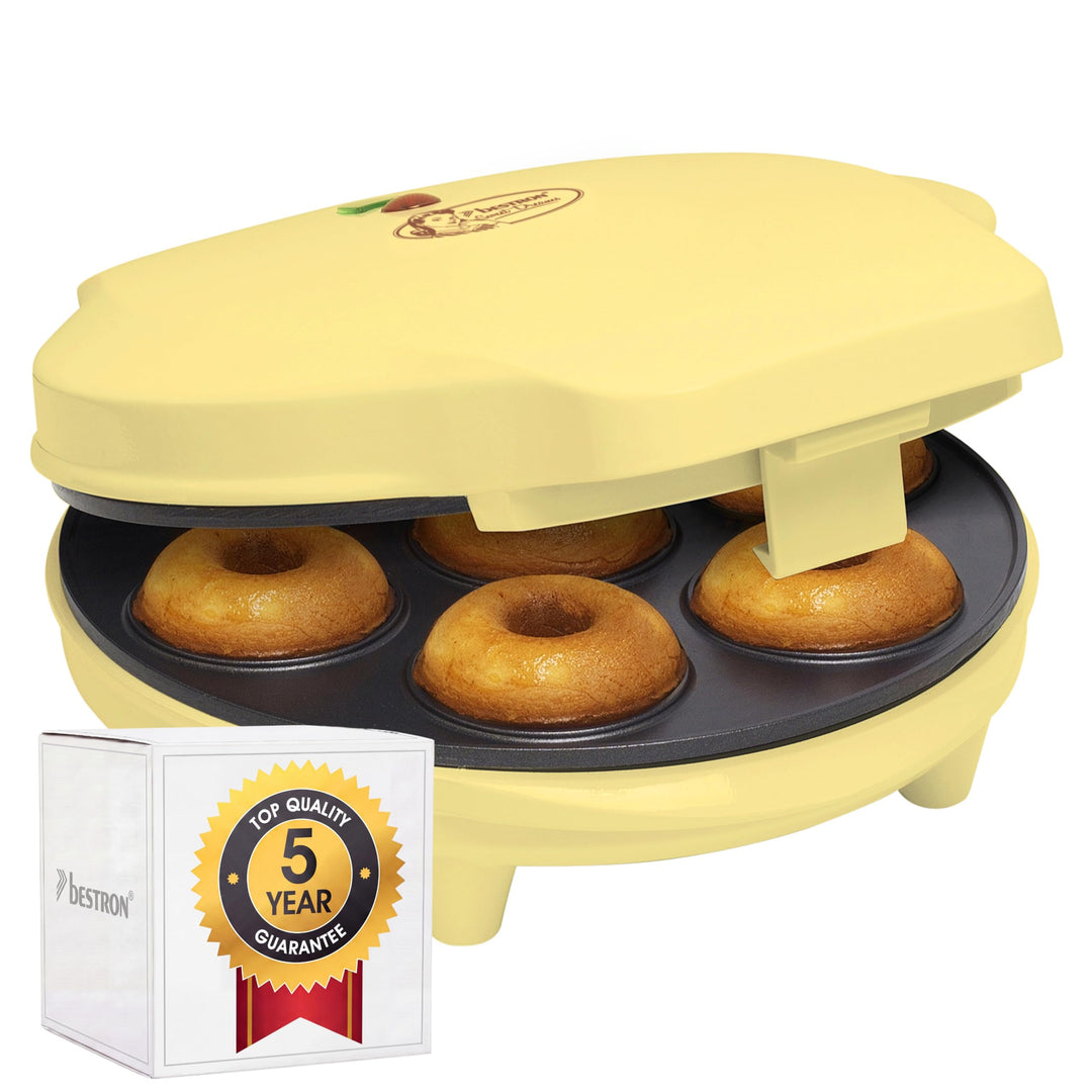 Bestron Donut Maker im Retro Design, Sweet Dreams, Antihaftbeschichtung, 700 Watt, Farbe: Gelb