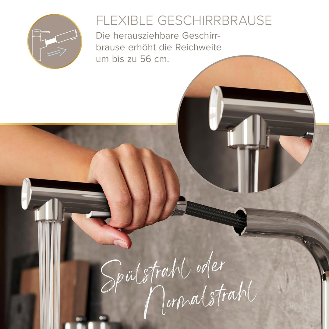 Lenz Küchenarmatur OLINA FLEX in Chrom – Herausziehbare Geschirrbrause | 2 Strahlarten, Kaltstart-Fu