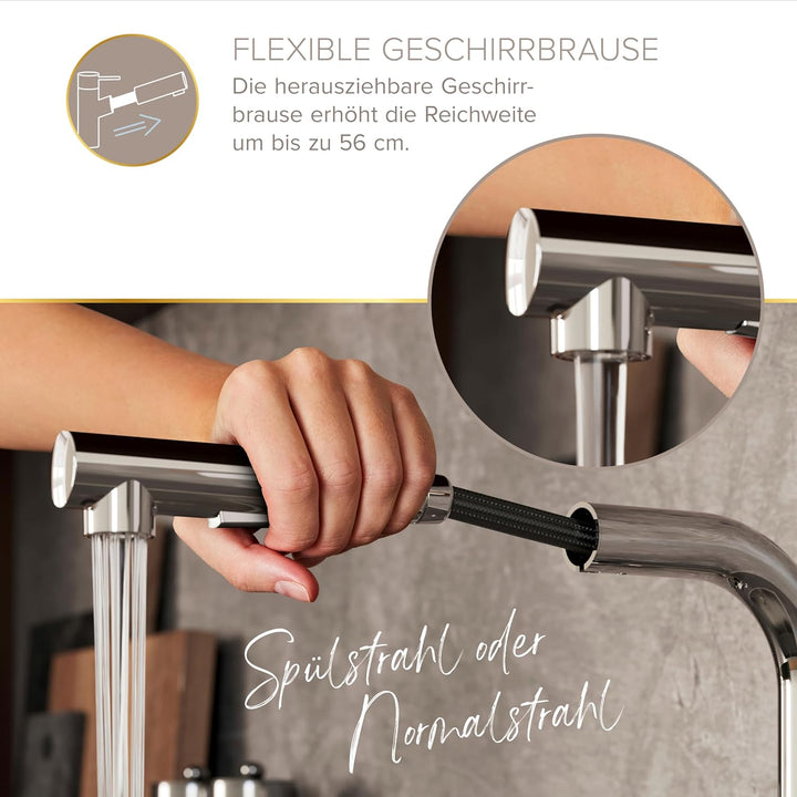 Lenz Küchenarmatur OLINA FLEX in Chrom – Herausziehbare Geschirrbrause | 2 Strahlarten, Kaltstart-Fu
