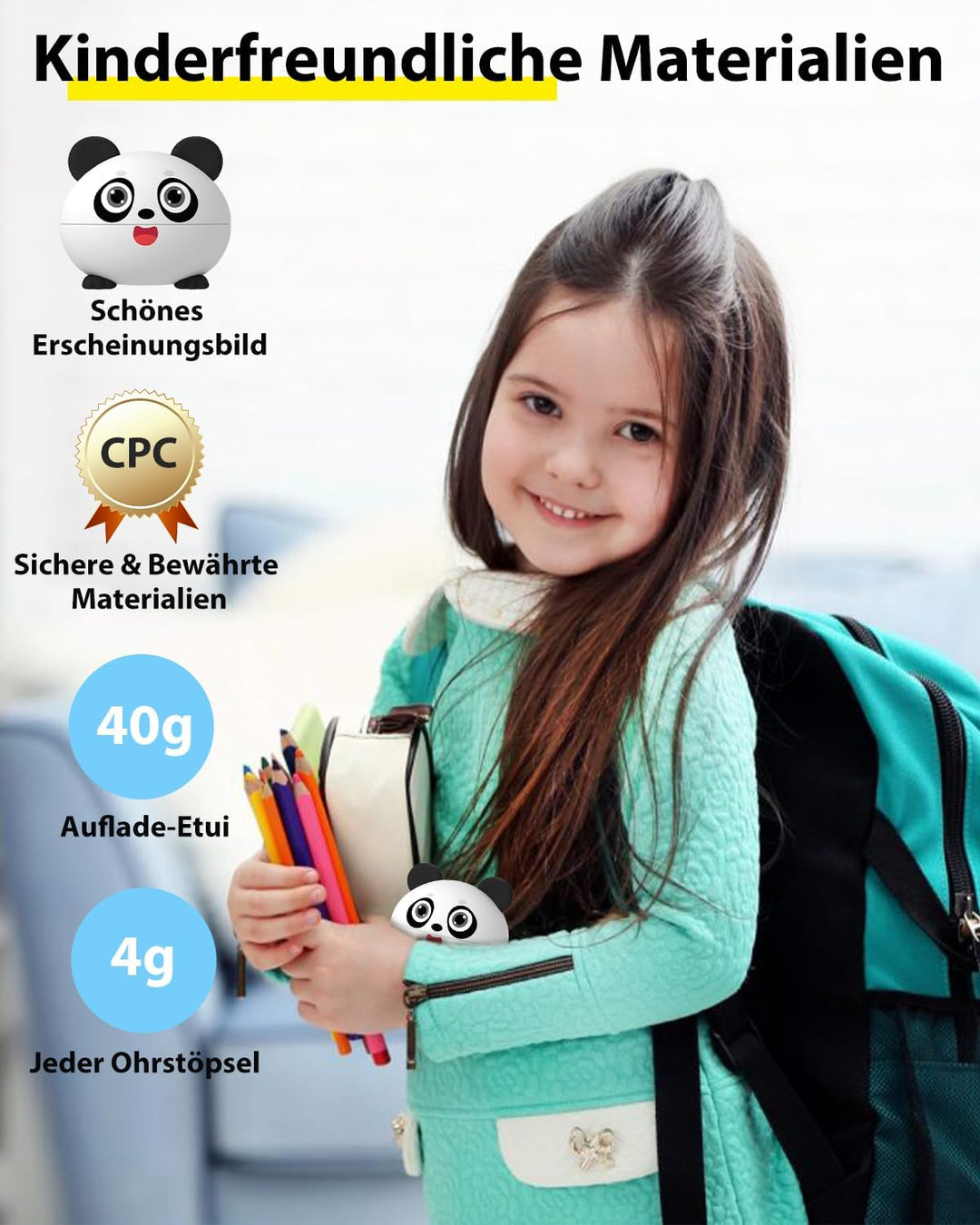 Bluetooth Kopfhörer Kinder, In Ear Kinder Kopfhörer mit 85 dB Lautstärkebegrenzung, Niedliche Panda