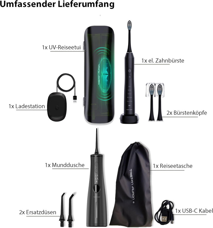 Tristan Auron Business Class Set – Schallzahnbürste & Projet Munddusche – 2 Bürstenaufsätze, 2 Ersat