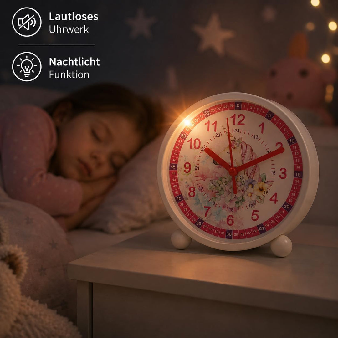 K&amp;L Wall Art Rosa Kinderwecker Einhorn Lernuhr Kinder Tischuhr Mädchen Kinderzimmer Tischwecker mit